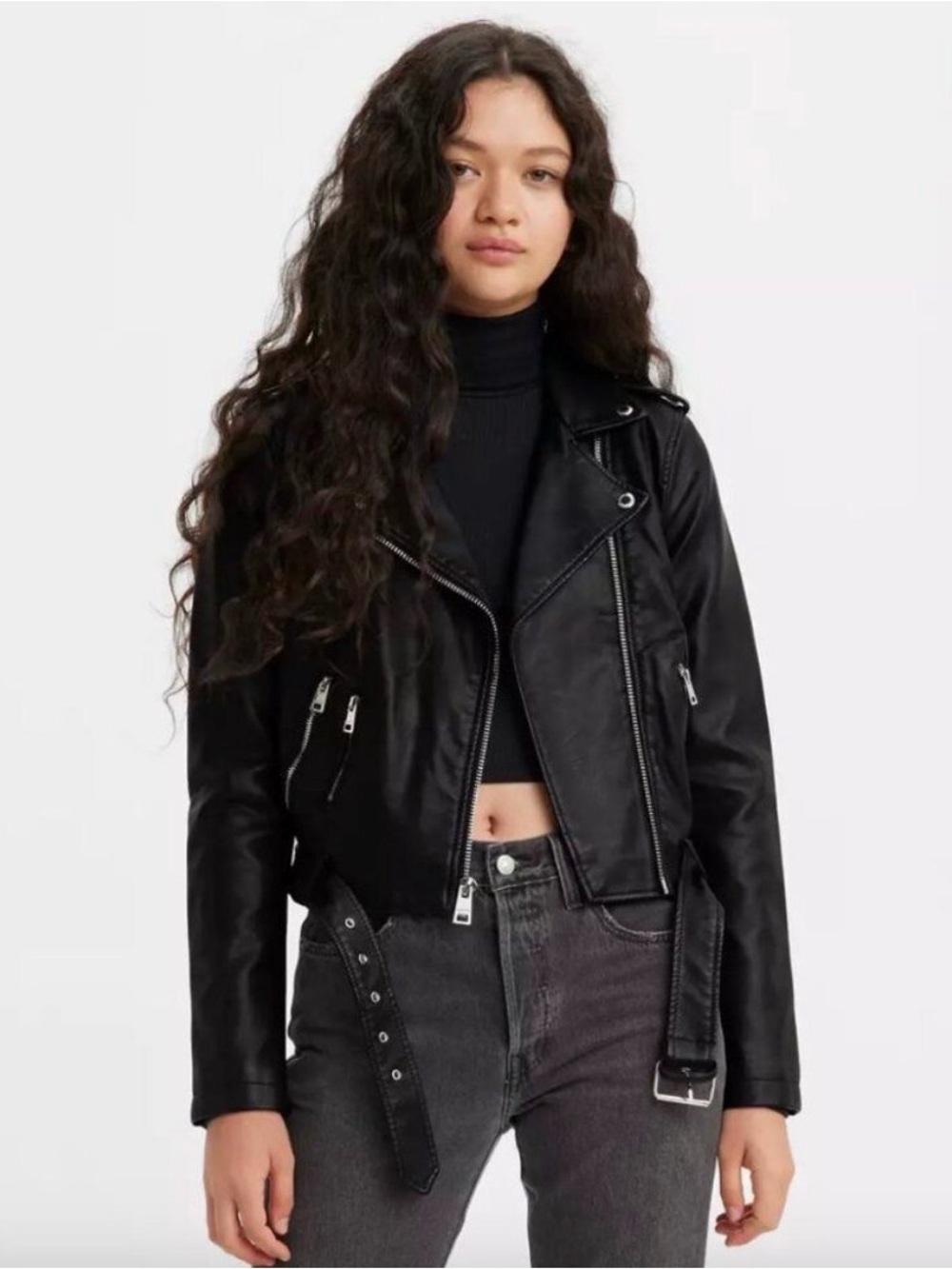 Women’s Black Faux Leather Moto Jacket with Belt
